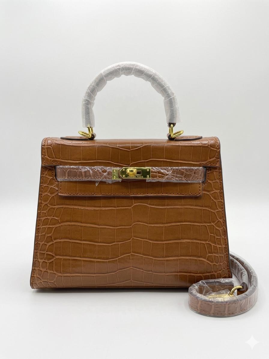 Classic Tan Croc-Embossed Structured Satchel – Gold Hardware (Copy)